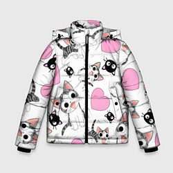 Куртка зимняя для мальчика Влюблённый котик аниме и сердечки, цвет: 3D-черный