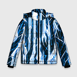 Куртка зимняя для мальчика Синие неоновые полосы на чёрном фоне, цвет: 3D-светло-серый