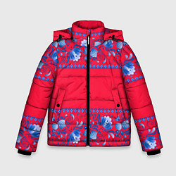 Куртка зимняя для мальчика Голубая гжель на красном фоне, цвет: 3D-черный