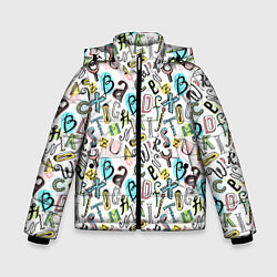 Куртка зимняя для мальчика Цветные каракули буквы алфавита, цвет: 3D-черный