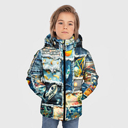 Куртка зимняя для мальчика Космические обитатели - пэчворк, цвет: 3D-красный — фото 2