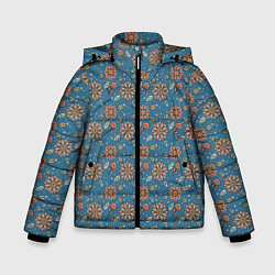 Куртка зимняя для мальчика Цветочный узор в стиле бохо на синем, цвет: 3D-светло-серый