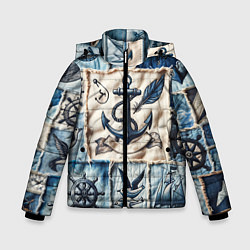 Куртка зимняя для мальчика Пэчворк с якорем - джинсовка моряка, цвет: 3D-светло-серый