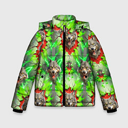 Куртка зимняя для мальчика Волки из зеленого паттерна, цвет: 3D-черный