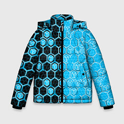 Куртка зимняя для мальчика Техно-киберпанк шестиугольники голубой и чёрный, цвет: 3D-красный