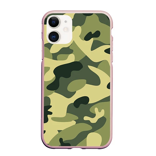 Чехол iPhone 11 матовый Камуфляж: зеленый/хаки / 3D-Светло-розовый – фото 1