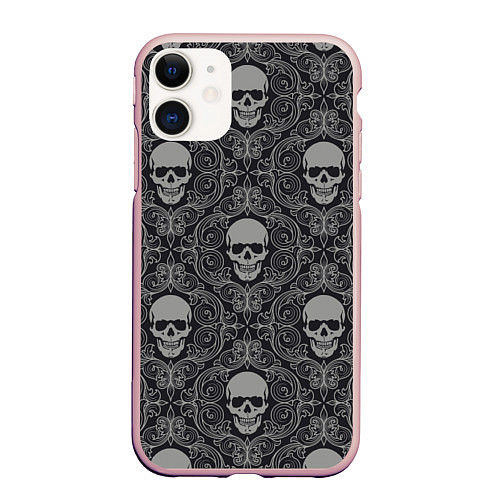 Чехол iPhone 11 матовый Ажурные черепа / 3D-Светло-розовый – фото 1