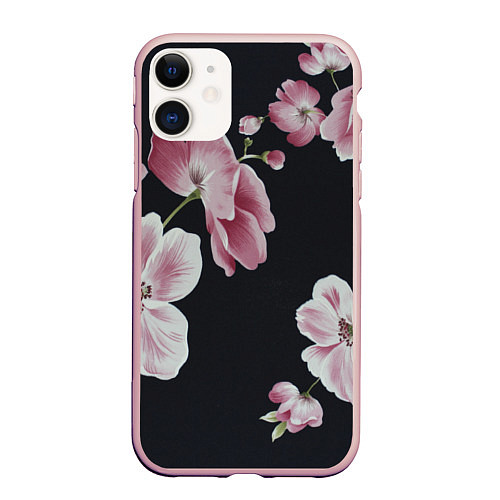Чехол iPhone 11 матовый Цветы на черном фоне / 3D-Светло-розовый – фото 1