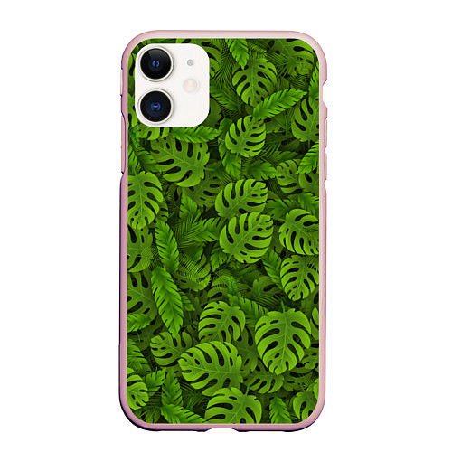 Чехол iPhone 11 матовый Тропические листья / 3D-Светло-розовый – фото 1