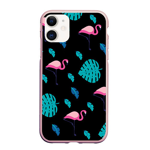 Чехол iPhone 11 матовый Ночные фламинго / 3D-Светло-розовый – фото 1