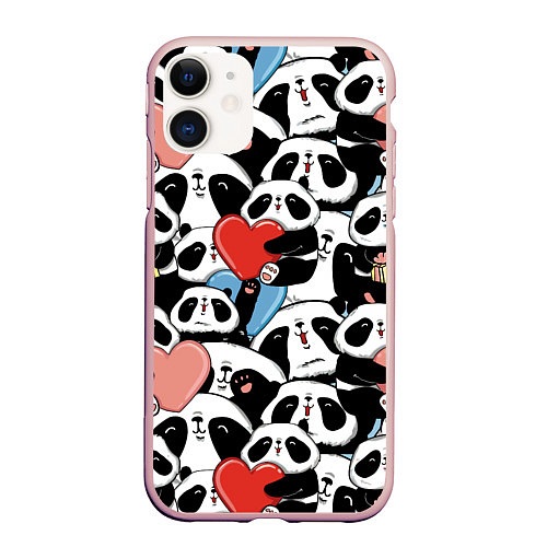 Чехол iPhone 11 матовый Милые панды / 3D-Светло-розовый – фото 1