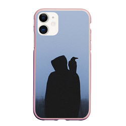Чехол iPhone 11 матовый Силуэт ворон капюшон ночь, цвет: 3D-светло-розовый