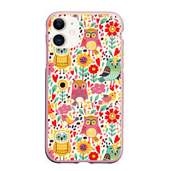 Чехол iPhone 11 матовый Красочные совы и цветы, цвет: 3D-светло-розовый