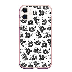Чехол iPhone 11 матовый Акварельные панды паттерн, цвет: 3D-светло-розовый