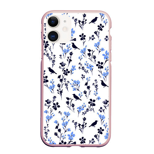 Чехол iPhone 11 матовый Цветы и птицы / 3D-Светло-розовый – фото 1