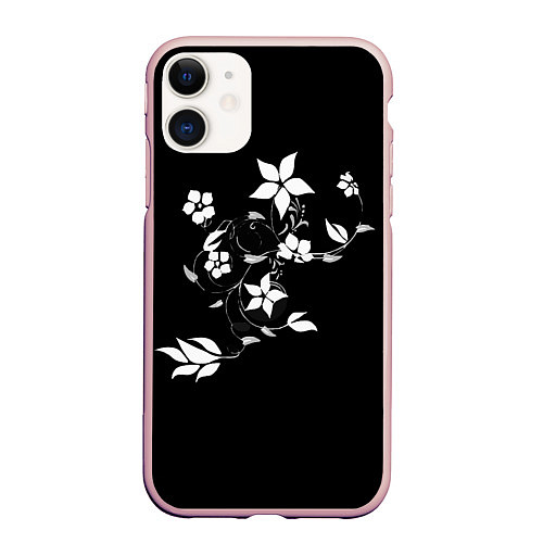 Чехол iPhone 11 матовый Цвета цветов черное / 3D-Светло-розовый – фото 1