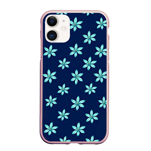 Чехол iPhone 11 матовый Цветы Голубые / 3D-Светло-розовый – фото 1