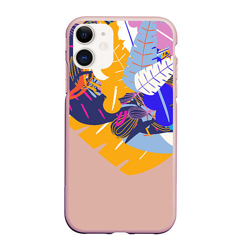 Чехол iPhone 11 матовый Узор из листьев и цветов / 3D-Светло-розовый – фото 1