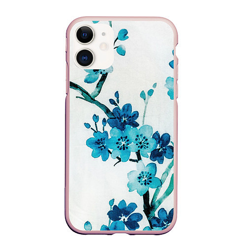 Чехол iPhone 11 матовый Голубая сакура / 3D-Светло-розовый – фото 1