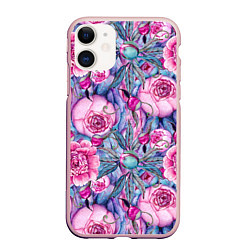 Чехол iPhone 11 матовый Волшебный сад с пионами, цвет: 3D-светло-розовый