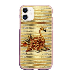 Чехол iPhone 11 матовый Золотой фламинго и цветок, цвет: 3D-светло-розовый