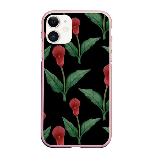 Чехол iPhone 11 матовый Красные каллы на черном / 3D-Светло-розовый – фото 1