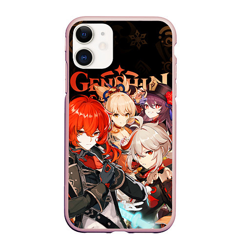 Чехол iPhone 11 матовый Genshin Impact: Дилюк, Кадзуха, Ёимия, Ху Тао / 3D-Светло-розовый – фото 1