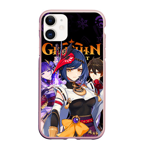 Чехол iPhone 11 матовый Genshin Impact: Сара, Чжун Ли, Сёгун Райдэн / 3D-Светло-розовый – фото 1