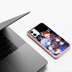 Чехол iPhone 11 матовый Genshin Impact: Гань Юй, Кли, Мона, цвет: 3D-светло-розовый — фото 2