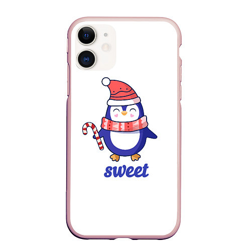 Чехол iPhone 11 матовый Милый пингвин с конфетой и надписью Sweet / 3D-Светло-розовый – фото 1