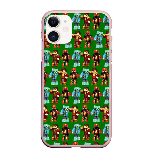 Чехол iPhone 11 матовый Minecraft heros pattern / 3D-Светло-розовый – фото 1