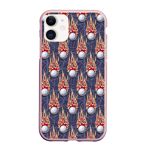 Чехол iPhone 11 матовый Волейбольные мячи в огне / 3D-Светло-розовый – фото 1