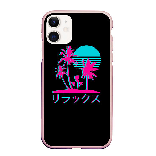 Чехол iPhone 11 матовый Неоновые пальмы Иероглифы Neon Palm Tree / 3D-Светло-розовый – фото 1