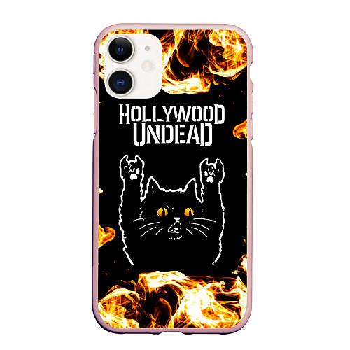 Чехол iPhone 11 матовый Hollywood Undead рок кот и огонь / 3D-Светло-розовый – фото 1