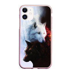 Чехол iPhone 11 матовый Черный и белый волк инь и ян, цвет: 3D-светло-розовый