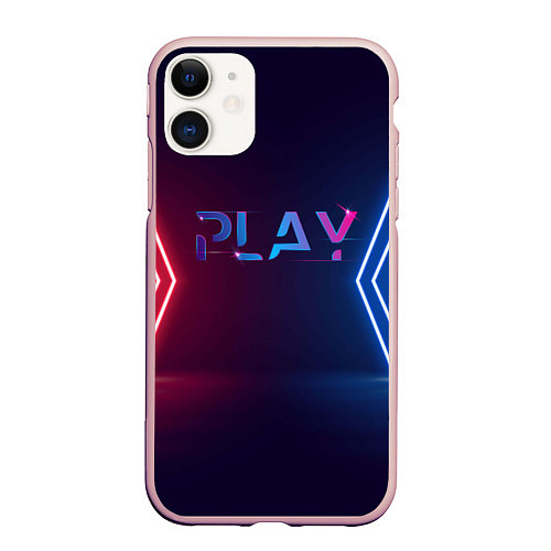 Чехол iPhone 11 матовый Play неоновые буквы и красно синие полосы / 3D-Светло-розовый – фото 1