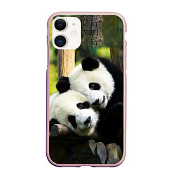 Чехол iPhone 11 матовый Влюблённые панды, цвет: 3D-светло-розовый