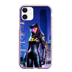 Чехол iPhone 11 матовый Cat girl on the background of a megalopolis, цвет: 3D-светло-розовый