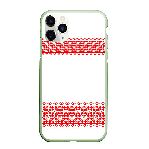 Чехол iPhone 11 Pro матовый Славянский орнамент (на белом) / 3D-Салатовый – фото 1