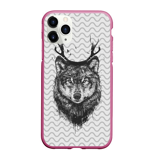 Чехол iPhone 11 Pro матовый Рогатый волк / 3D-Малиновый – фото 1