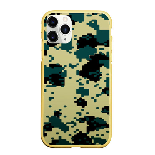 Чехол iPhone 11 Pro матовый Камуфляж пиксельный: зеленый/черный / 3D-Желтый – фото 1