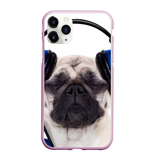 Чехол iPhone 11 Pro матовый Мопс в наушниках / 3D-Розовый – фото 1