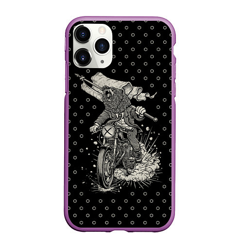 Чехол iPhone 11 Pro матовый Медведь мотоциклист / 3D-Фиолетовый – фото 1