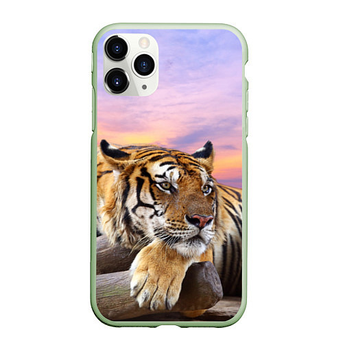 Чехол iPhone 11 Pro матовый Тигр на закате / 3D-Салатовый – фото 1