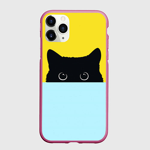 Чехол iPhone 11 Pro матовый Черный кот выглядывает / 3D-Малиновый – фото 1
