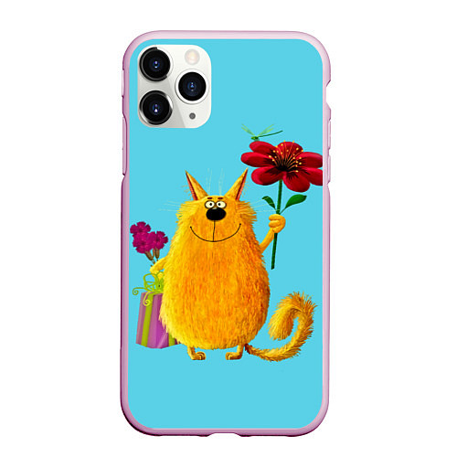 Чехол iPhone 11 Pro матовый Кот с цветком / 3D-Розовый – фото 1