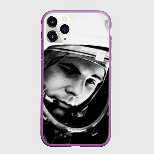 Чехол iPhone 11 Pro матовый Гагарин космонавт / 3D-Фиолетовый – фото 1