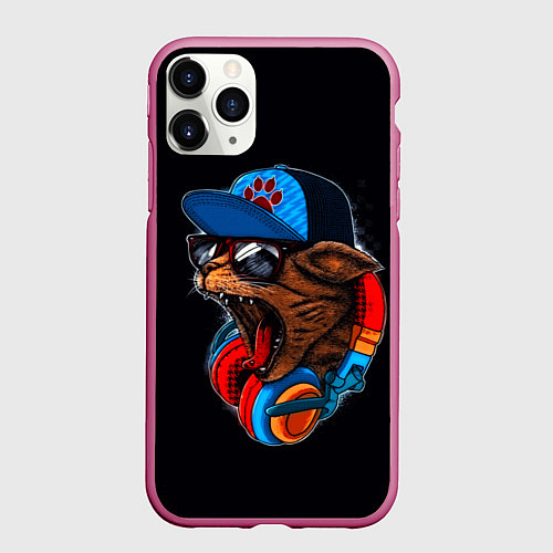 Чехол iPhone 11 Pro матовый Кот диджей тусовщик хипстер / 3D-Малиновый – фото 1