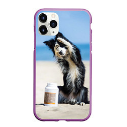 Чехол iPhone 11 Pro матовый Песик на пляже, цвет: 3D-фиолетовый