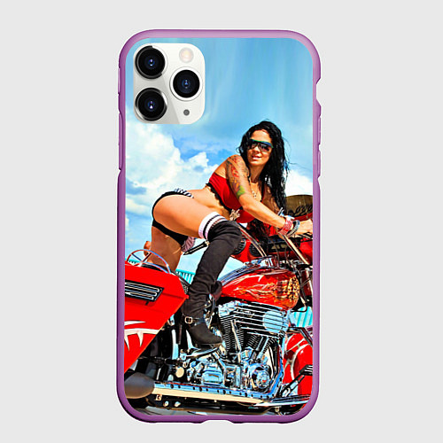 Чехол iPhone 11 Pro матовый Sexy girl on red bike / 3D-Фиолетовый – фото 1